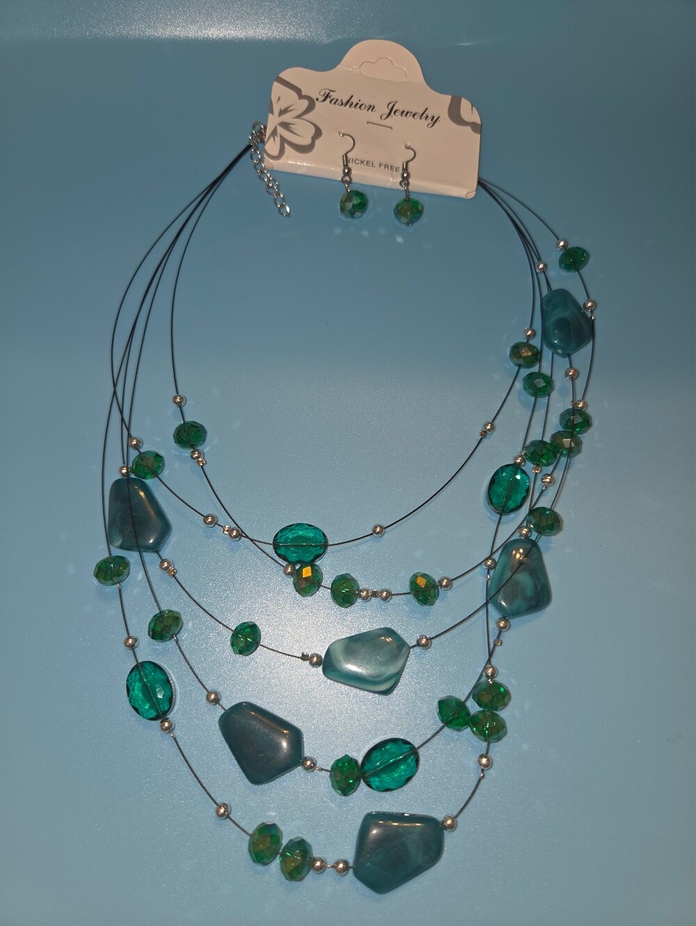 Fashion Jewelry Multi-Strand Green Bead Necklace and Earrings Set